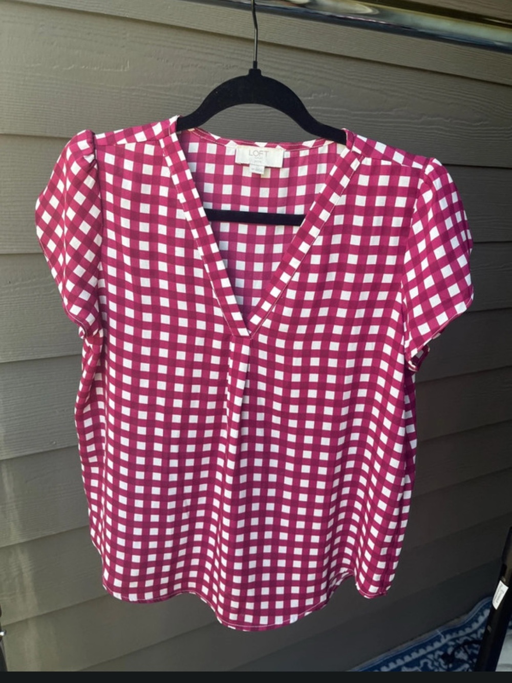 Burgundy and white gingham Loft Outlet blouse.